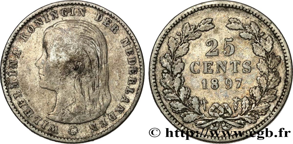 NETHERLANDS 25 Cents Wilhelmina 1897 Utrecht VF 
