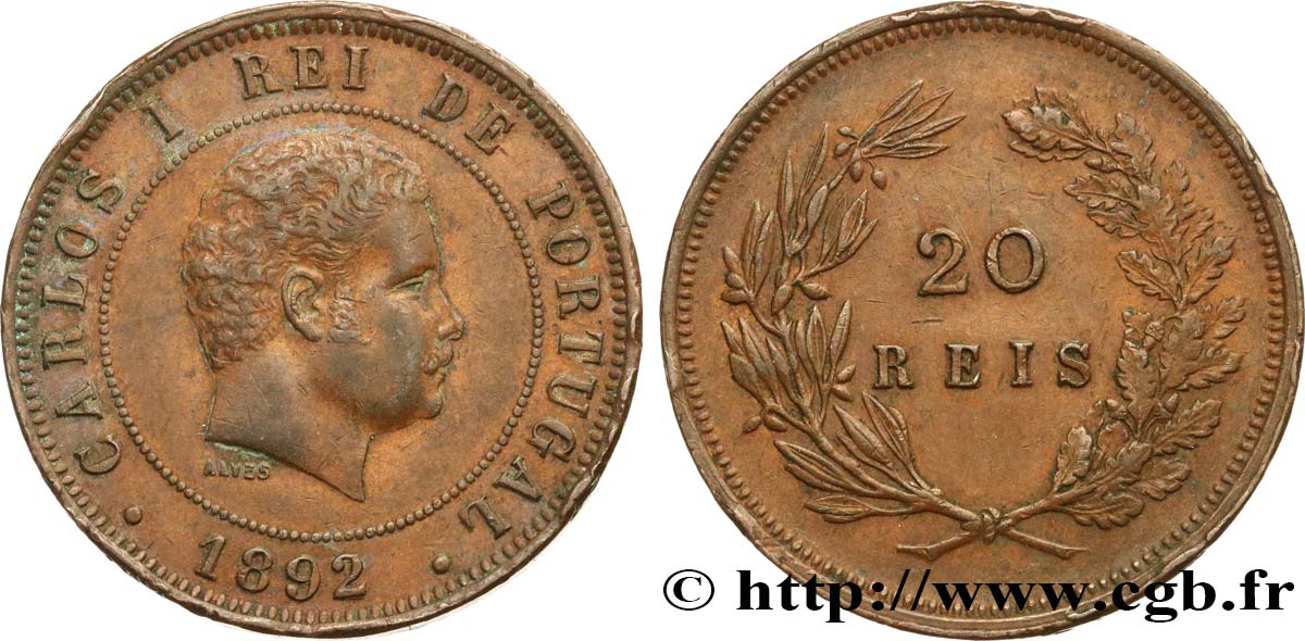 PORTUGAL 20 Réis Charles Ier 1892  XF 