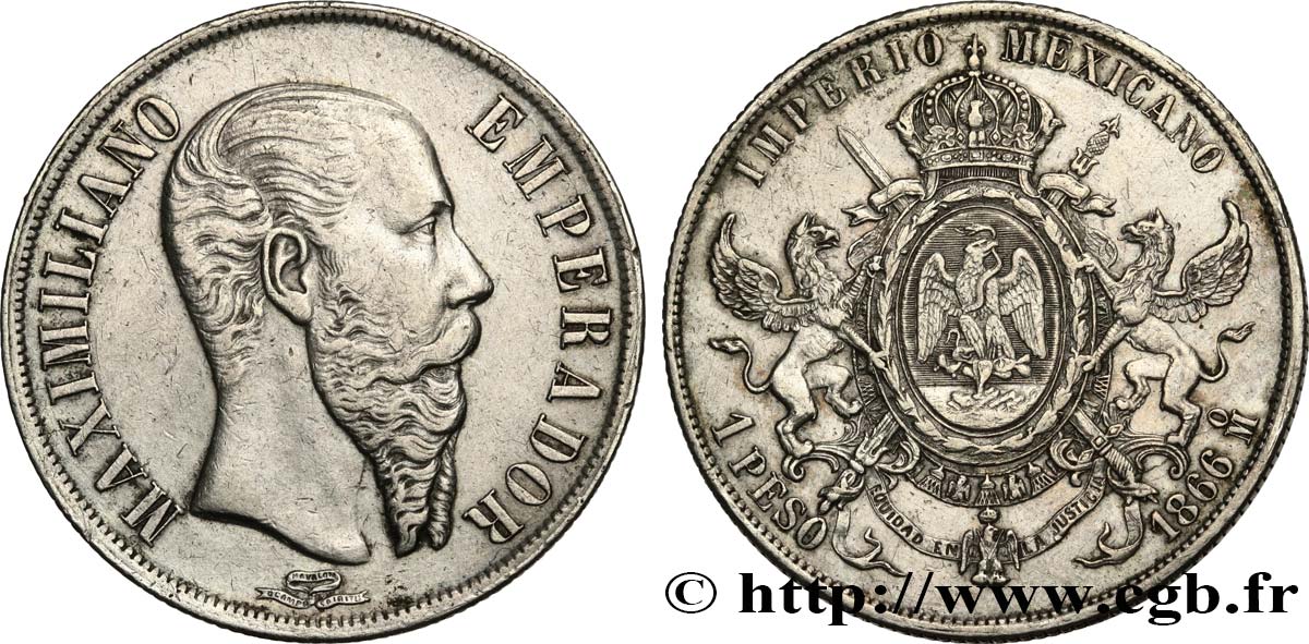 MEXICO 1 Peso Empereur Maximilien 1866 Mexico XF 