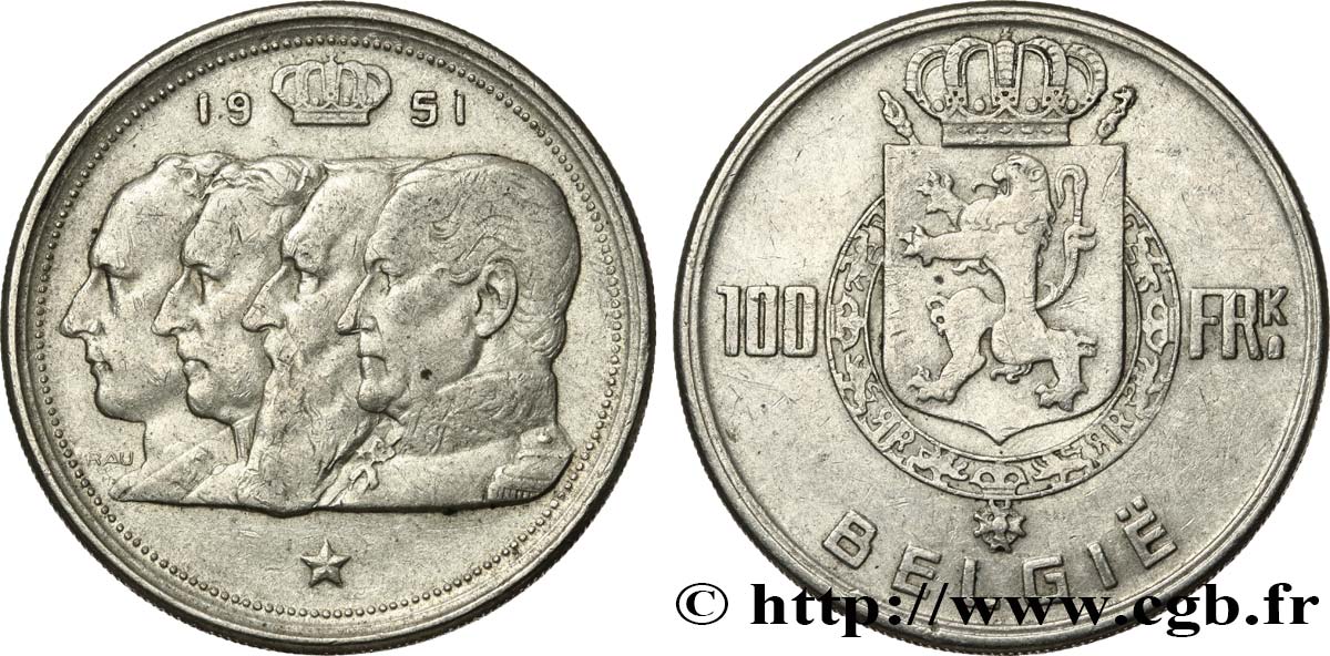 BELGIQUE 100 Francs Quatre rois de Belgique, légende flamande 1951 TTB