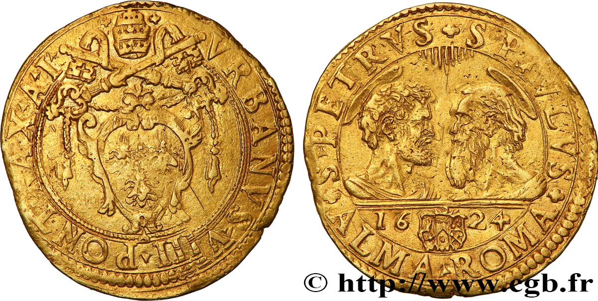 ITALY - PAPAL STATES - URBAN VIII (Maffeo Barberini) Doppia ou 2 Scudi d’oro 1624 Rome XF/AU 
