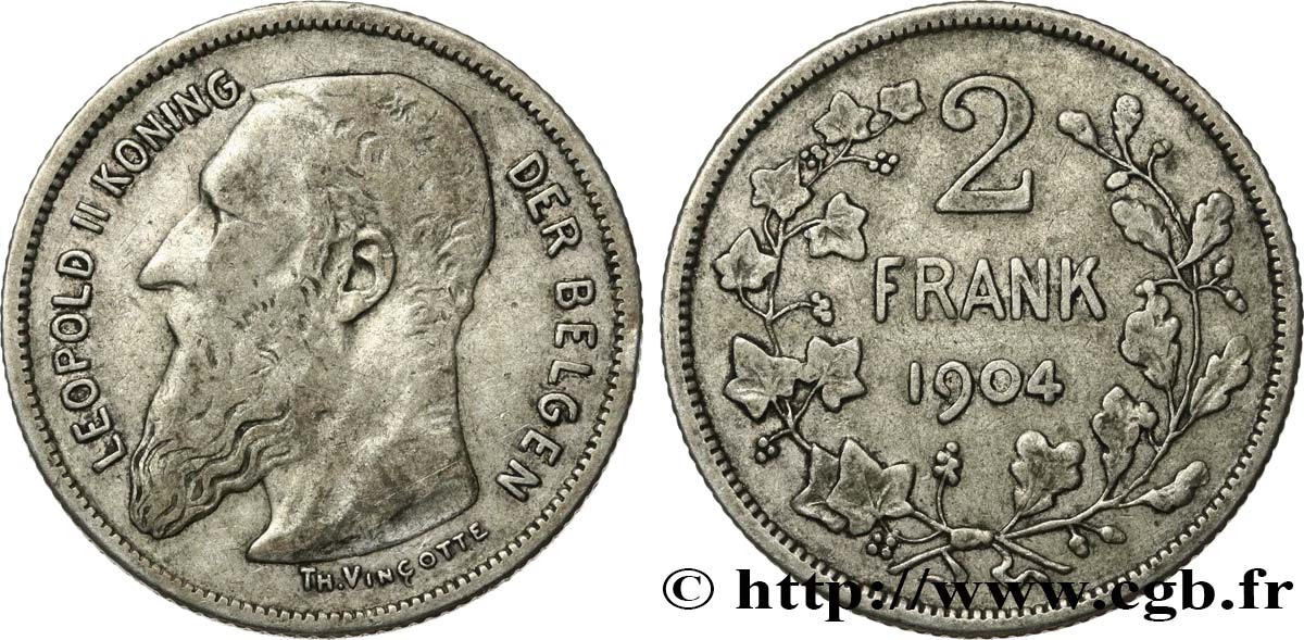 BELGIQUE 2 Frank (Francs) Léopold II légende flamande 1904 TB+