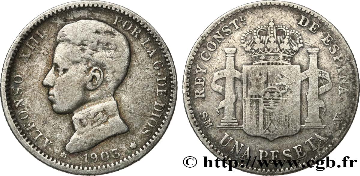 ESPAGNE 1 Peseta Alphonse XIII 4e type de buste 1903 Madrid B+