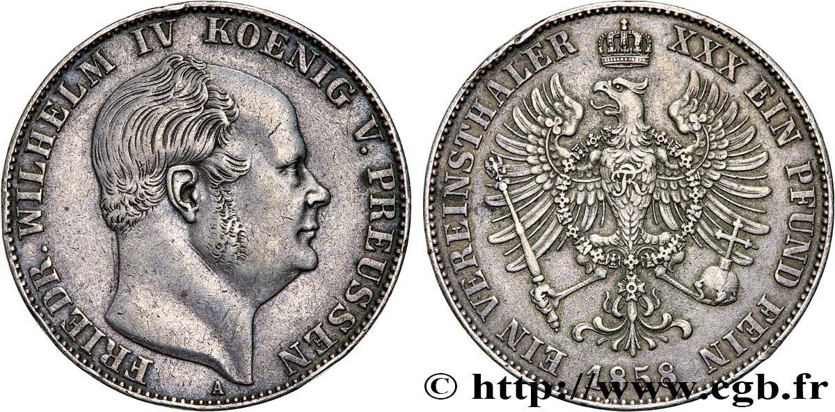 GERMANY - KINGDOM OF PRUSSIA - FREDERICK-WILLIAM IV 1 Thaler  1858 Berlin XF 