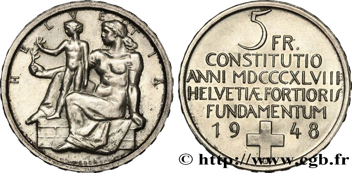 SWITZERLAND 5 Francs centenaire de la constitution suisse 1948 Berne AU 