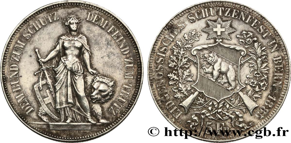 SWITZERLAND 5 Francs, concours de Tir de Berne 1885  AU 