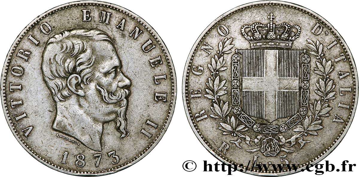 ITALY - KINGDOM OF ITALY - VICTOR-EMMANUEL II 5 Lire 1873 Rome XF NGC