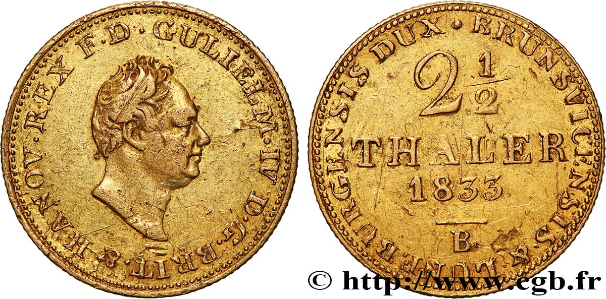 GERMANY - BRUNSWICK CALENBERG HANOVER (DUCHY OF) - WILLIAM IVCALENBERG HANOVRE (DUCHÉ DE) - GEORGES-LOUIS (GEORGES IER D ANGLETERRE) 2 1/2 Thaler 1833 Hanovre XF 