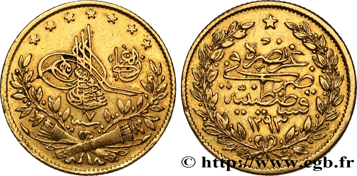 TURKEY 50 Kurush en or Sultan Abdülhamid II AH 1293 an 7 1880 Constantinople XF 