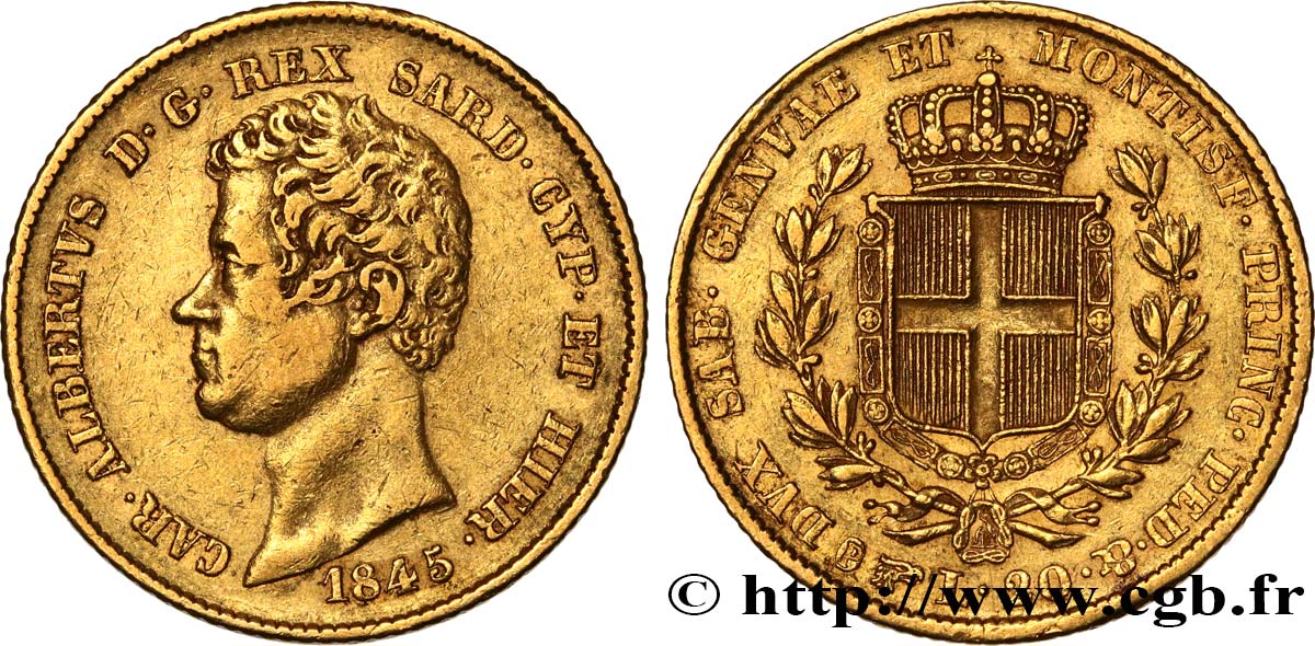 ITALY - KINGDOM OF SARDINIA - CHARLES-ALBERT 20 Lire  1845 Turin XF 