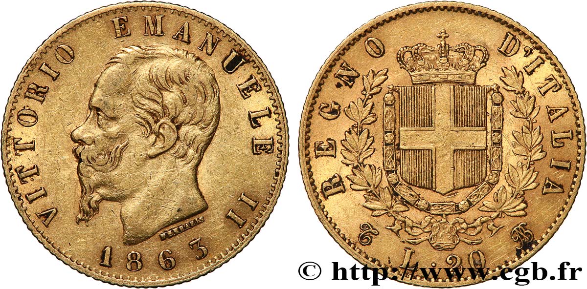 INVESTMENT GOLD 20 Lire Victor Emmanuel II 1863 Turin SS 