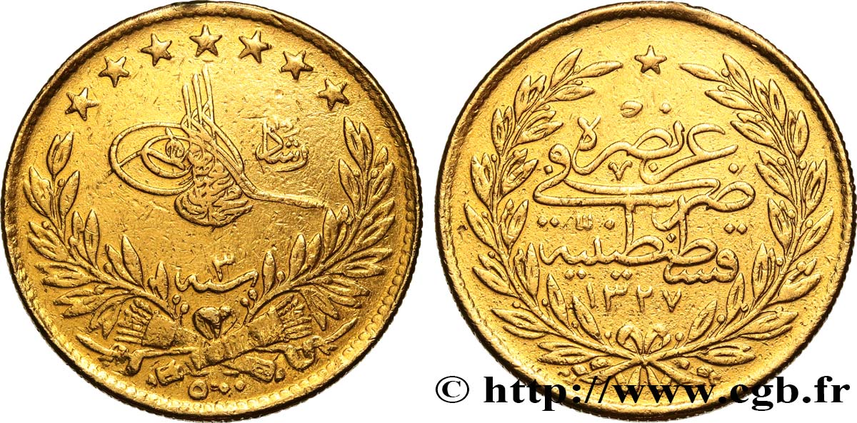 TURCHIA 500 Kurush Sultan Mohammed V Resat AH 1327 An 3 1909 Constantinople q.BB 
