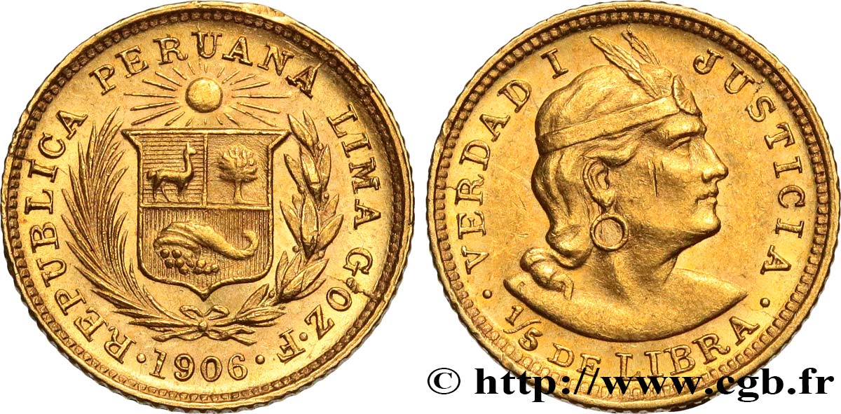 PERU 1/5 Libra 1906 Lima MS 