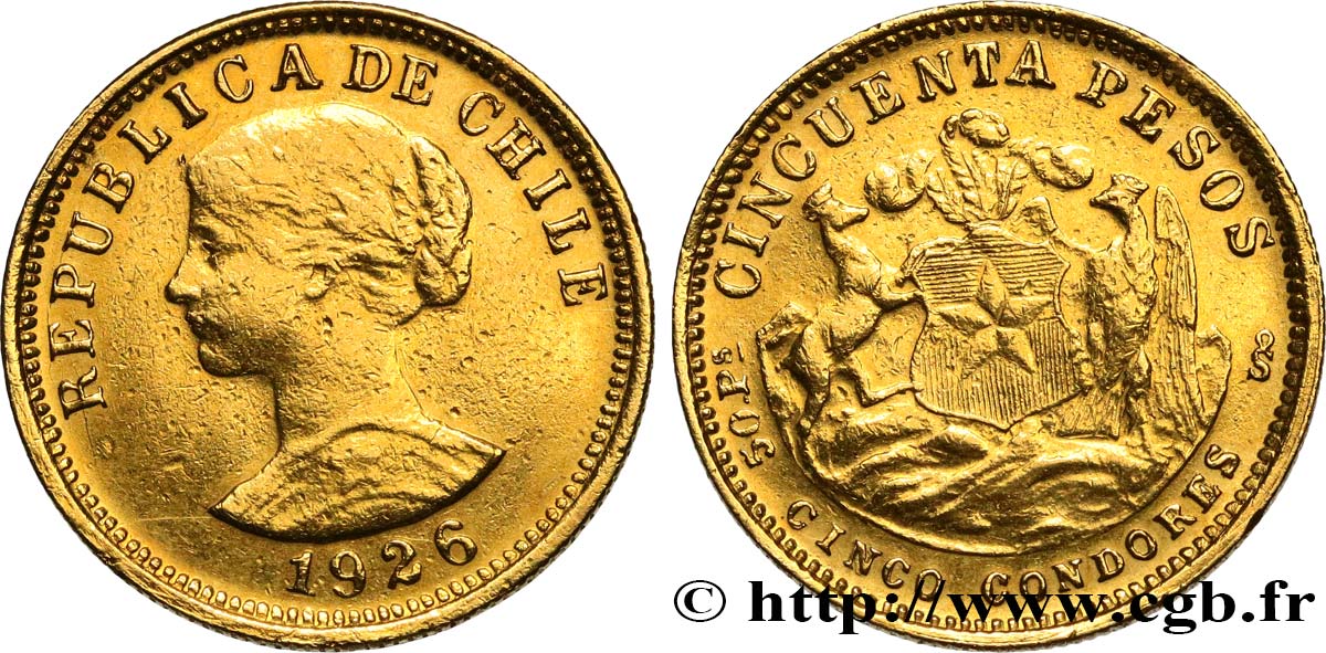 CHILE 50 Pesos or ou 5 condores 1926 Santiago AU 