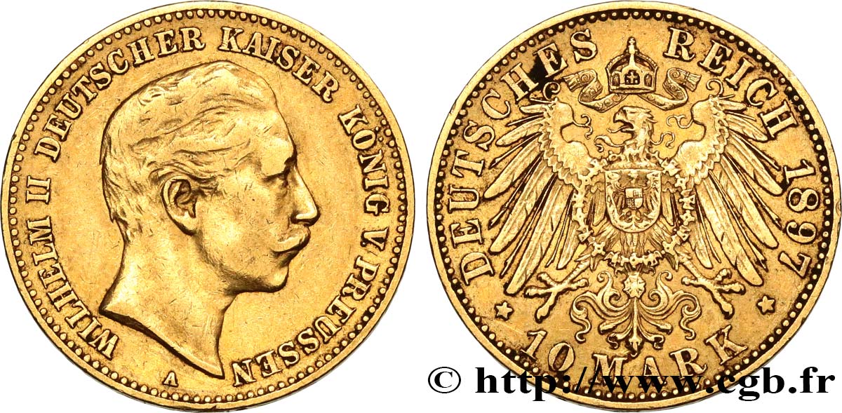 GERMANY - PRUSSIA 10 Mark or, 2e type Guillaume II 1897 Berlin XF 