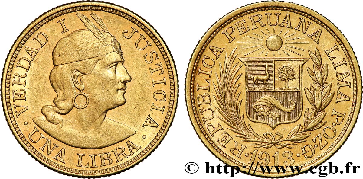 PERU 1 Libra 1913 Lima MS 