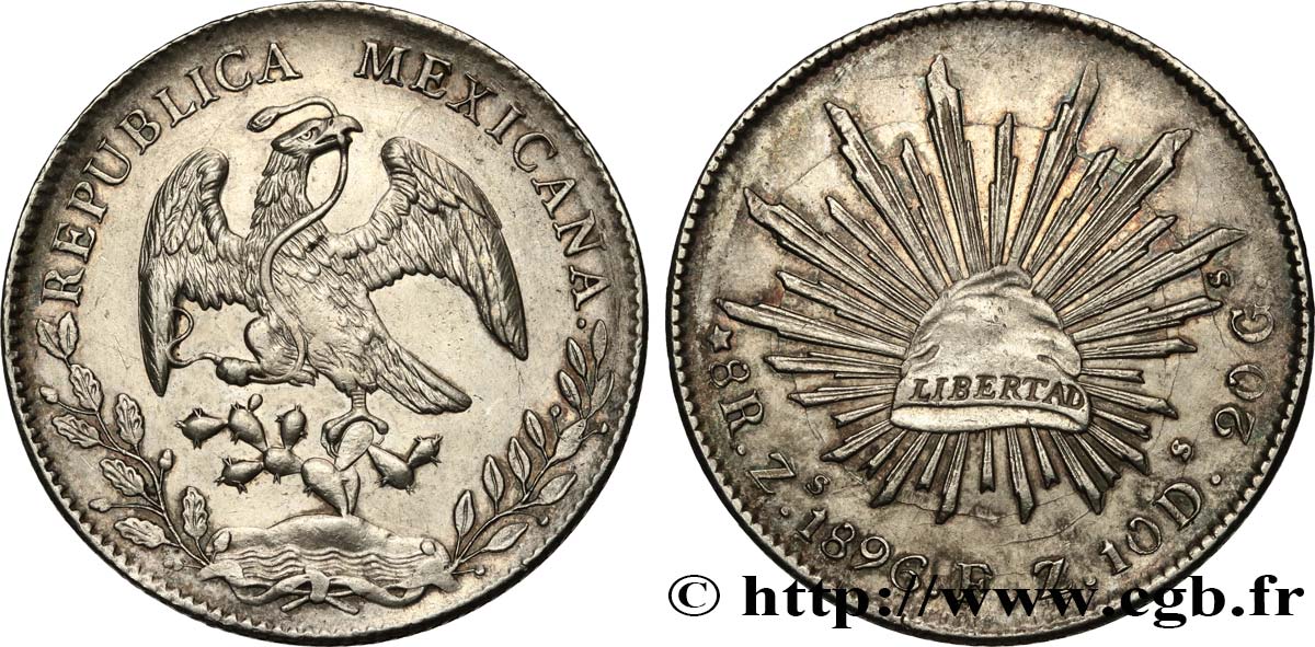 MEXICO 8 Reales Aigle / bonnet phrygien sur soleil 1896 Zacatecas Zs AU 