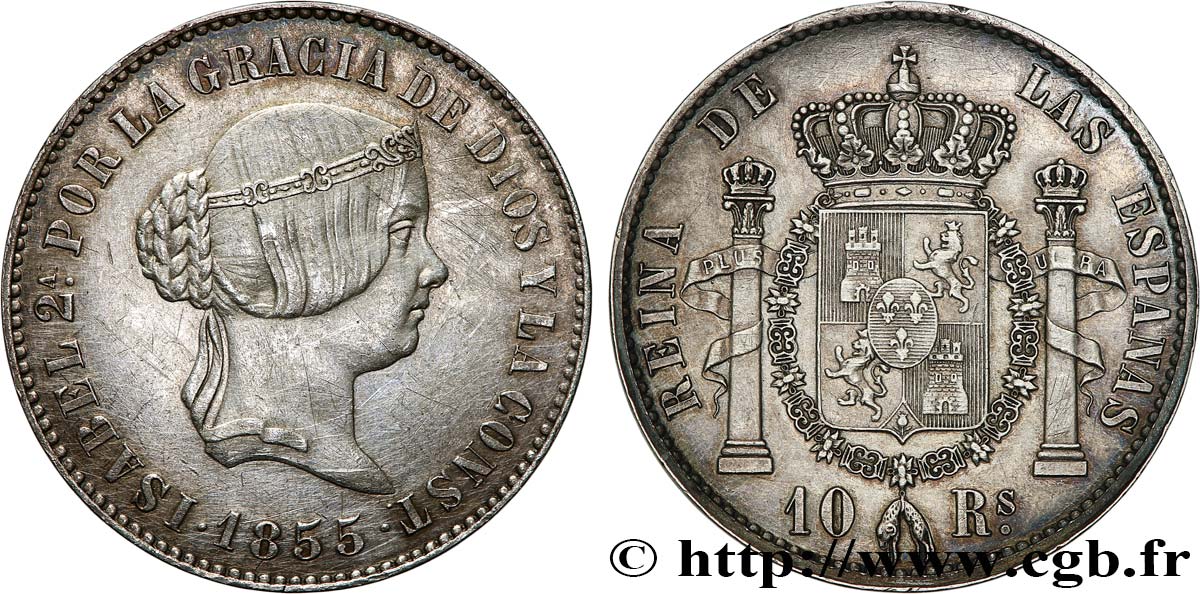ESPAGNE - ROYAUME D ESPAGNE - ISABELLE II Essai de 10 Reales, type non adopté 1855 Madrid VZ PCGS