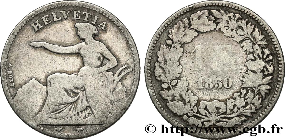 SWITZERLAND - CONFEDERATION OF HELVETIA 1 Franc Helvetia assise 1850 Paris F 