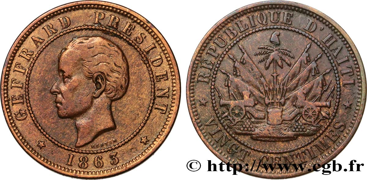 HAÏTI 20 Centimes président Geffrard 1863 Heaton TTB