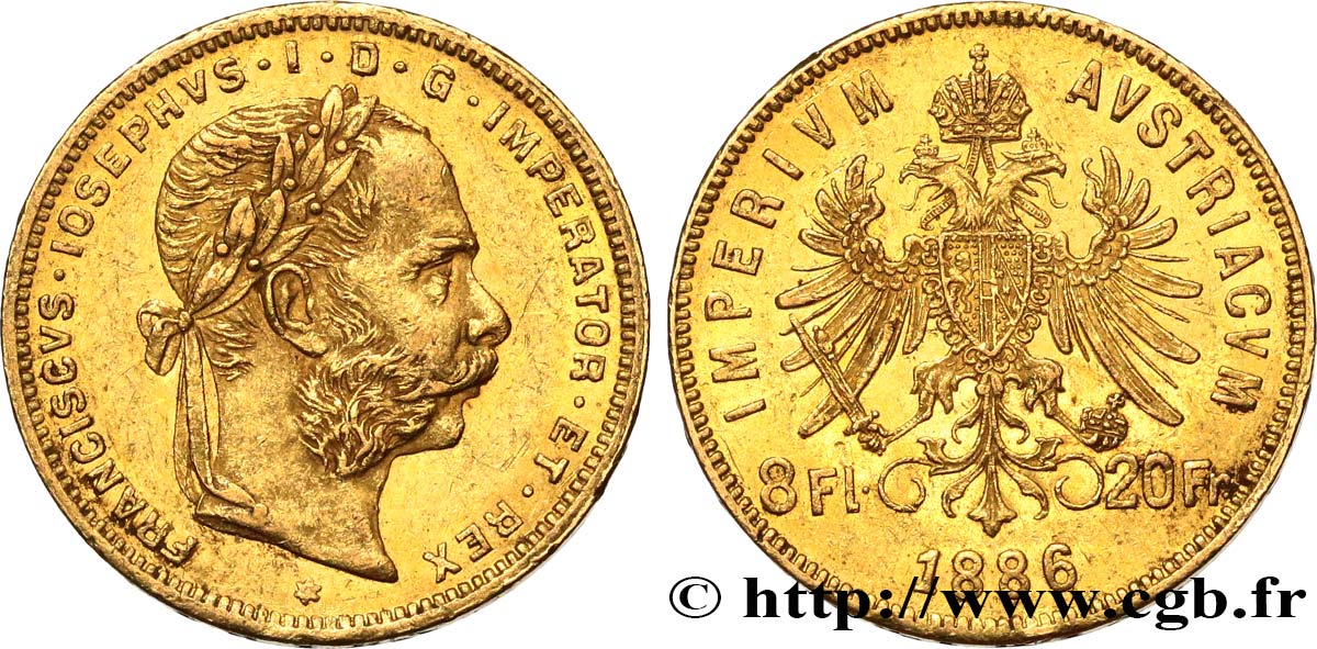 AUTRICHE 8 florins ou 20 francs François-Joseph Ier 1886 Vienne TTB/TTB+ 