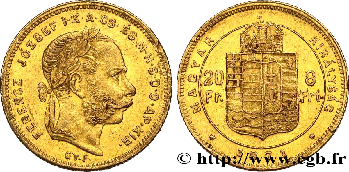 HUNGARY 20 Francs or ou 8 Forint François-Joseph Ier 1871 Kremnitz XF 