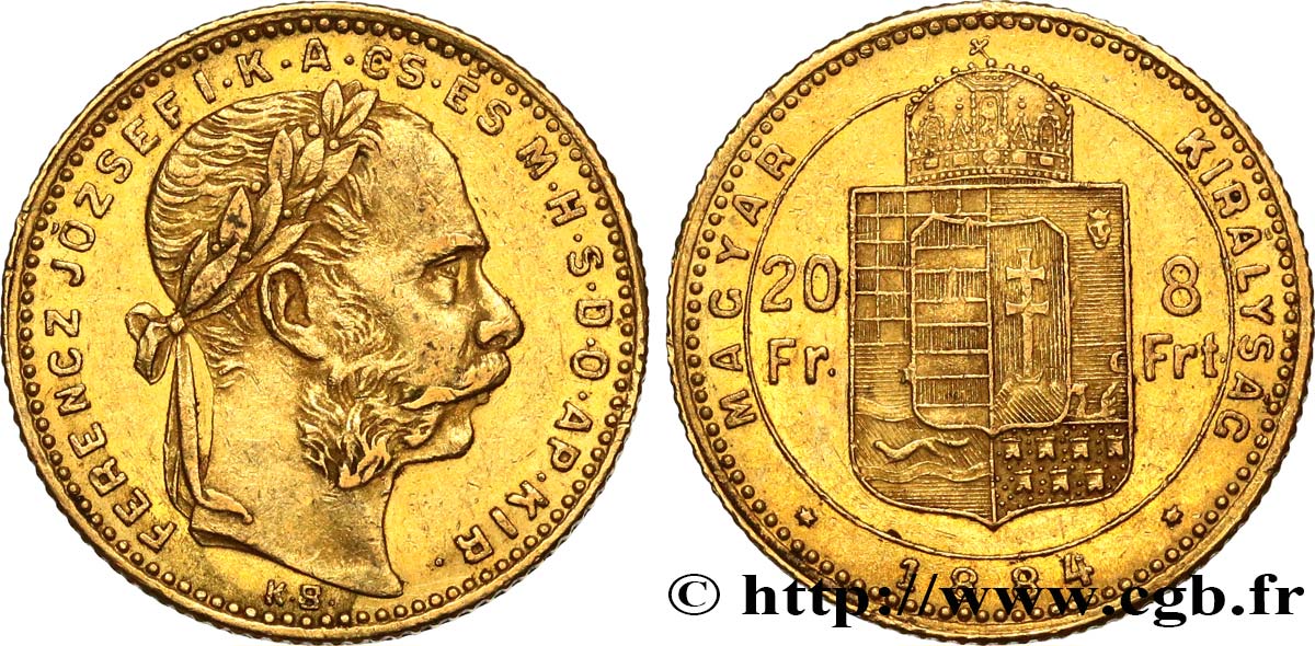 HONGRIE 20 Francs or ou 8 Forint François-Joseph Ier 1884 Kremnitz TTB+ 