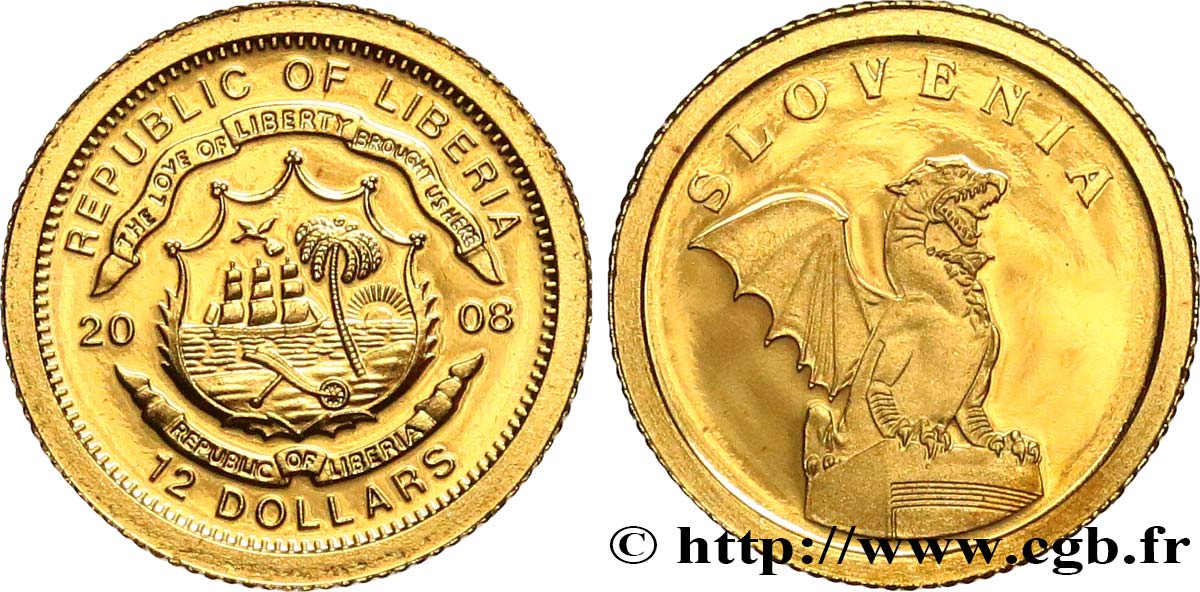LIBERIA 12 Dollars Proof Slovenie 2008  MS 