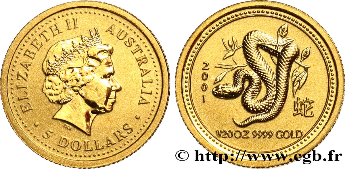AUSTRALIA 5 Dollars Proof (1/20 Once) Année du Serpent 2001 Perth MS 