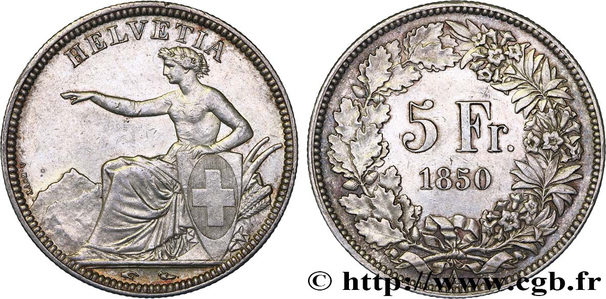 SUISSE - CONFEDERATION 5 Francs 1850 Paris AU 