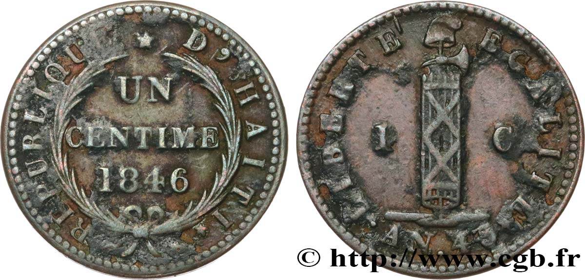 HAITI 1 Centime faisceau, an 43 1846 VF