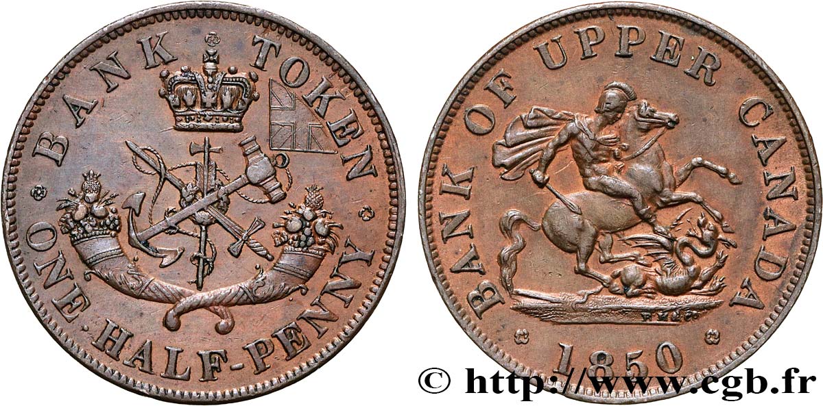 CANADá
 1 Penny token Province du Haut Canada St Georges terrassant le dragon 1850 Heaton EBC 