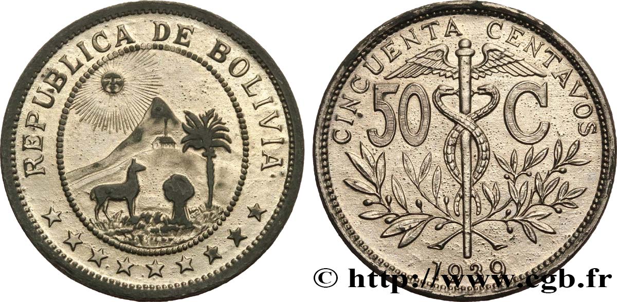 BOLIVIE - RÉPUBLIQUE BOLIVIENNE  Epreuve en étain (?) de 50 Centavos 1942  SUP 