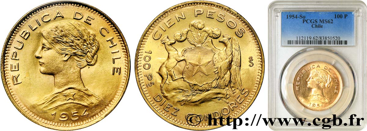CHILE 100 Pesos or ou 10 condores en or, 2e type 1954 Santiago MS62 PCGS