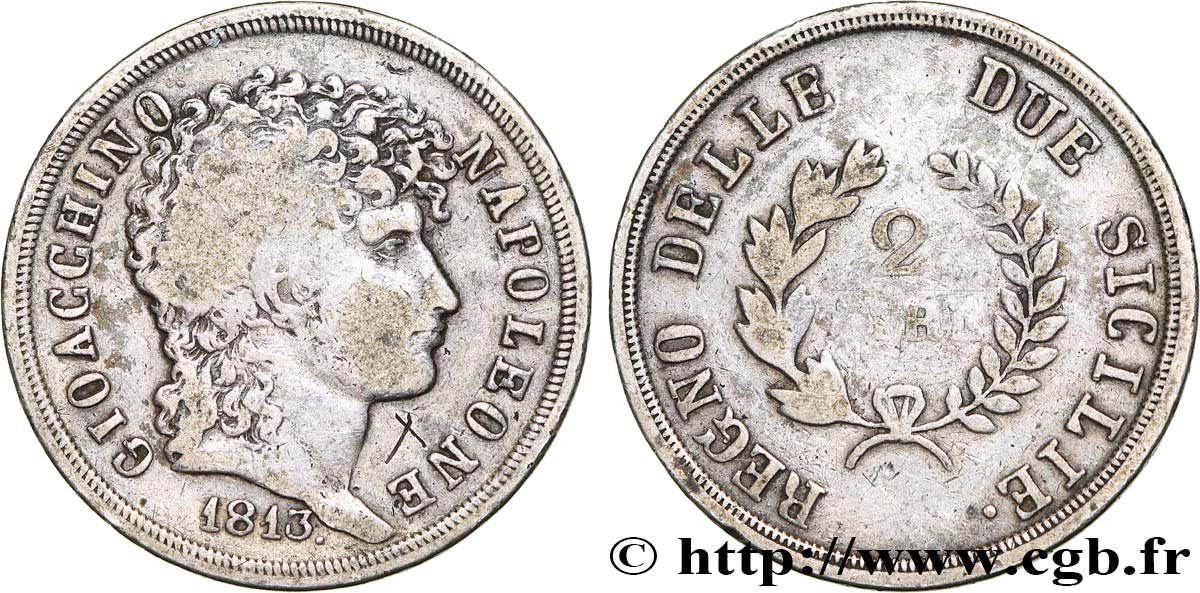 ITALY - KINGDOM OF TWO SICILIES 2 Lire Joachim Murat (Gioachino Napoleone) 1813  VF 