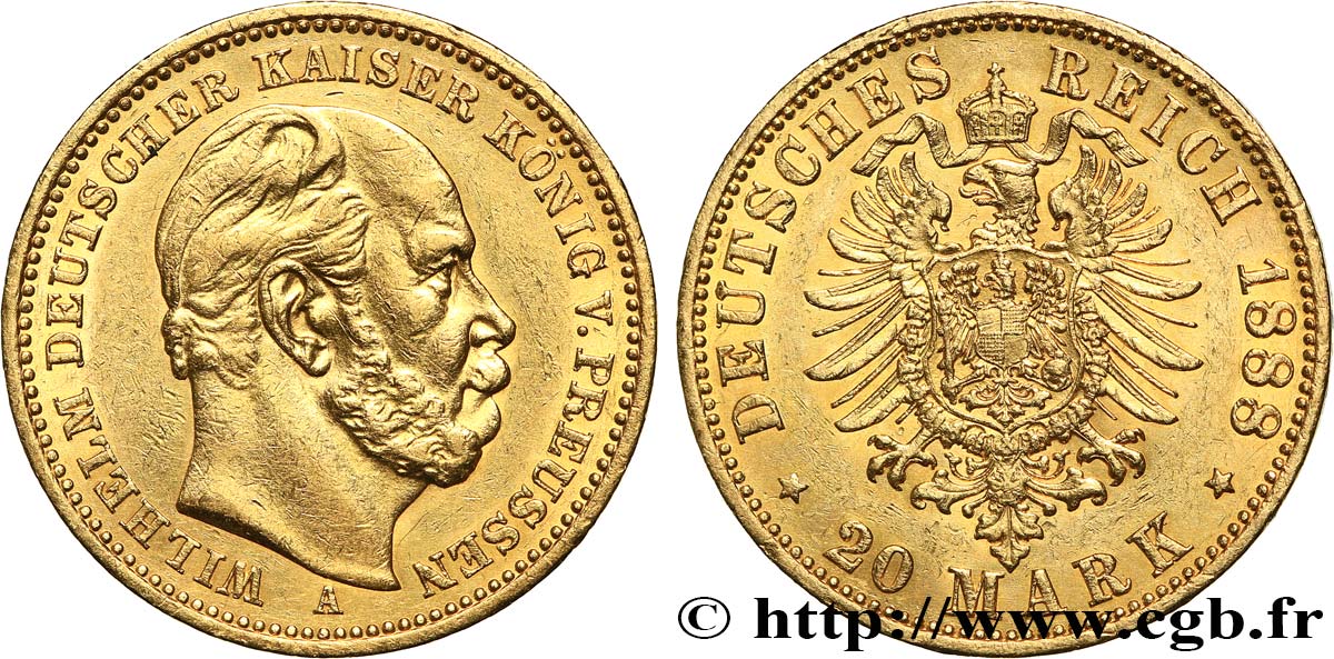 GERMANY - PRUSSIA 20 Mark Guillaume Ier 1888 Berlin XF 