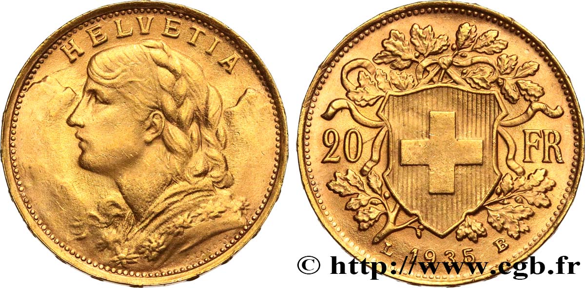 SWITZERLAND 20 Francs  Vreneli   1935 Berne MS 