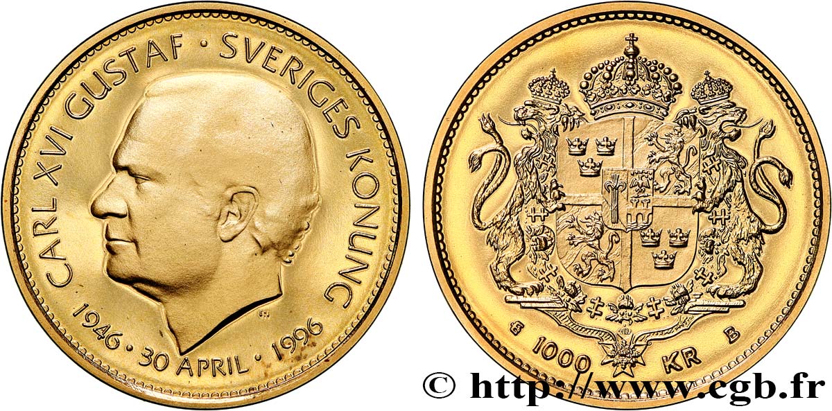 SUÈDE 1000 Kronor Proof 50e anniversaire de Charles XVI Gustav 1990  SPL 