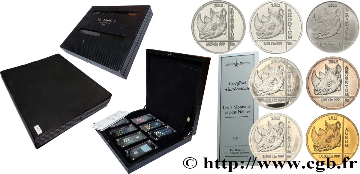 RWANDA Coffret de 7 monnaies Proof de 10 Francs métaux précieux (or, rhodium, platine...) 2015  MS 