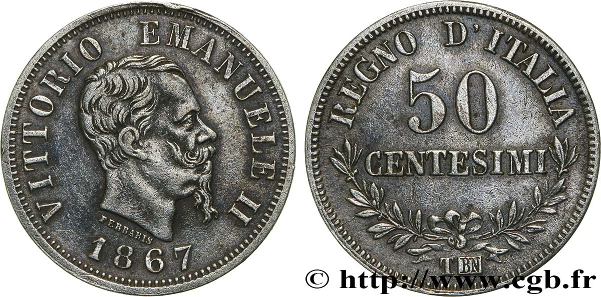 ITALIEN - ITALIEN KÖNIGREICH - VIKTOR EMANUEL II. 50 Centesimi 1867 Turin VZ 