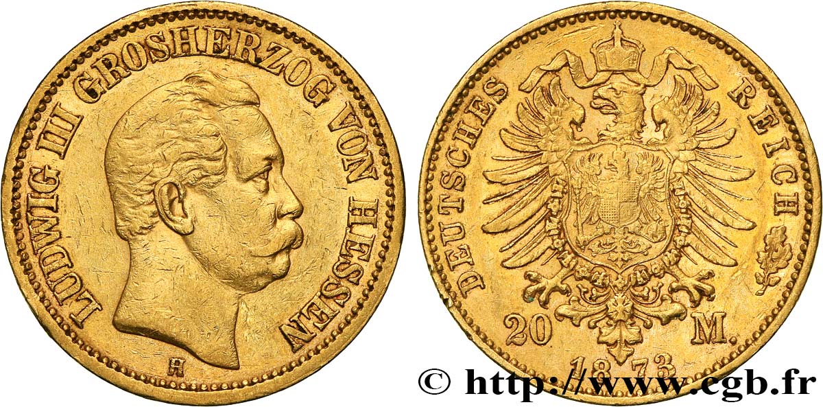 GERMANY - HESSE 20 Mark or, 1er type 1873 Darmstadt AU 