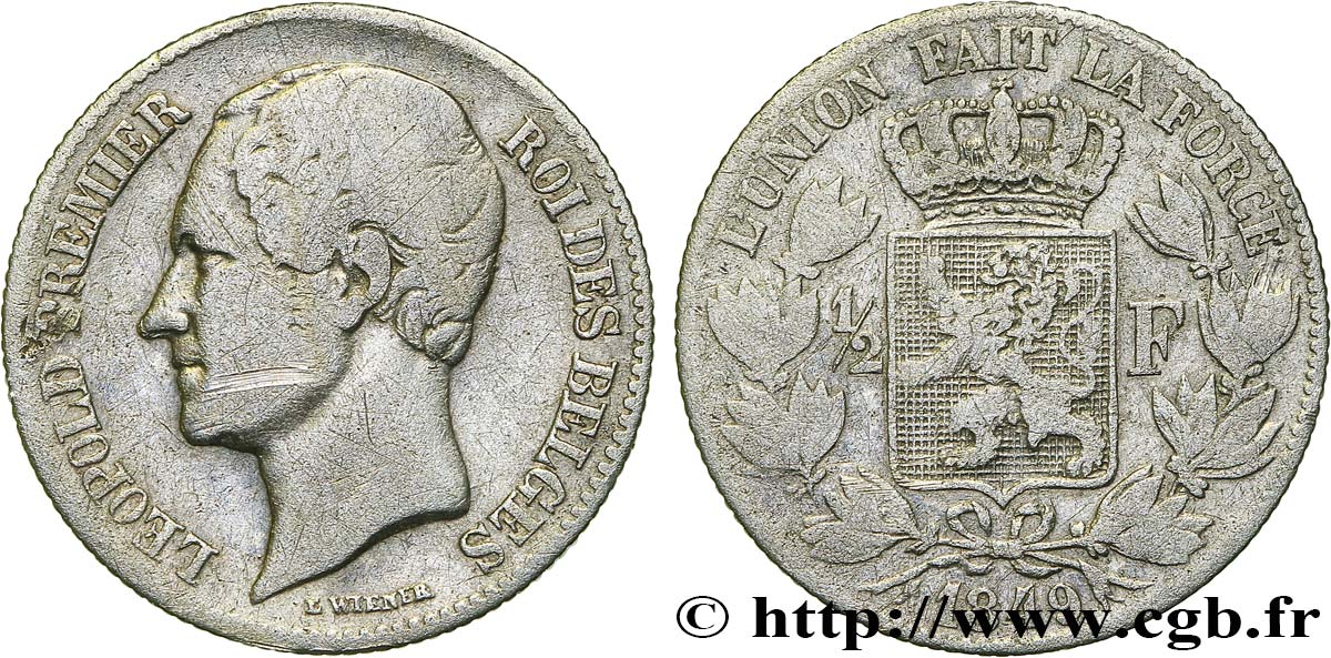 BELGIQUE - ROYAUME DE BELGIQUE - LÉOPOLD Ier 1/2 Francs tête nue 1849 Bruxelles VF 
