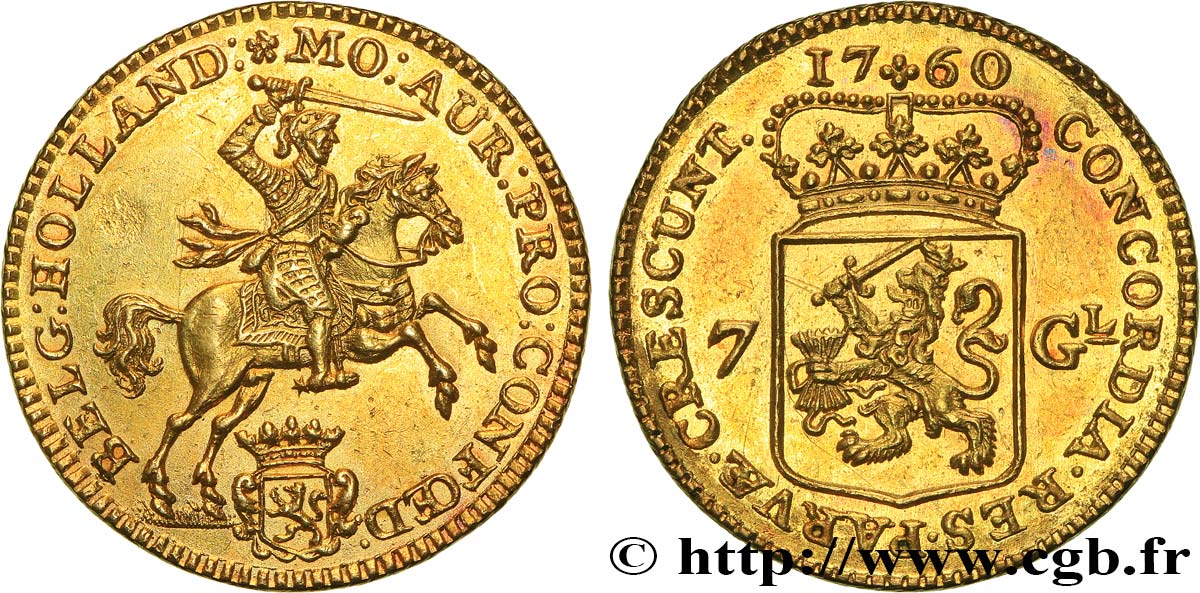 NIEDERLANDE - VEREINIGTEN PROVINZEN  - HOLLAND 7 Gulden ou demi-cavalier d or 1760 Dordrecht VZ+ 
