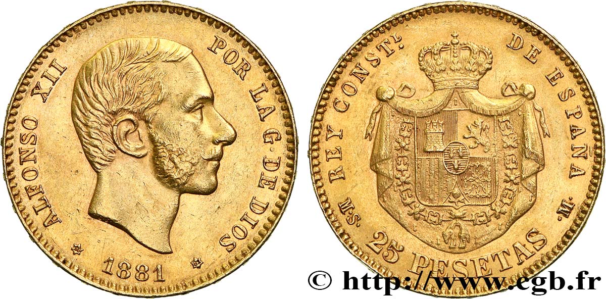 SPAIN 25 Pesetas Alphonse XII 1881 Madrid AU 