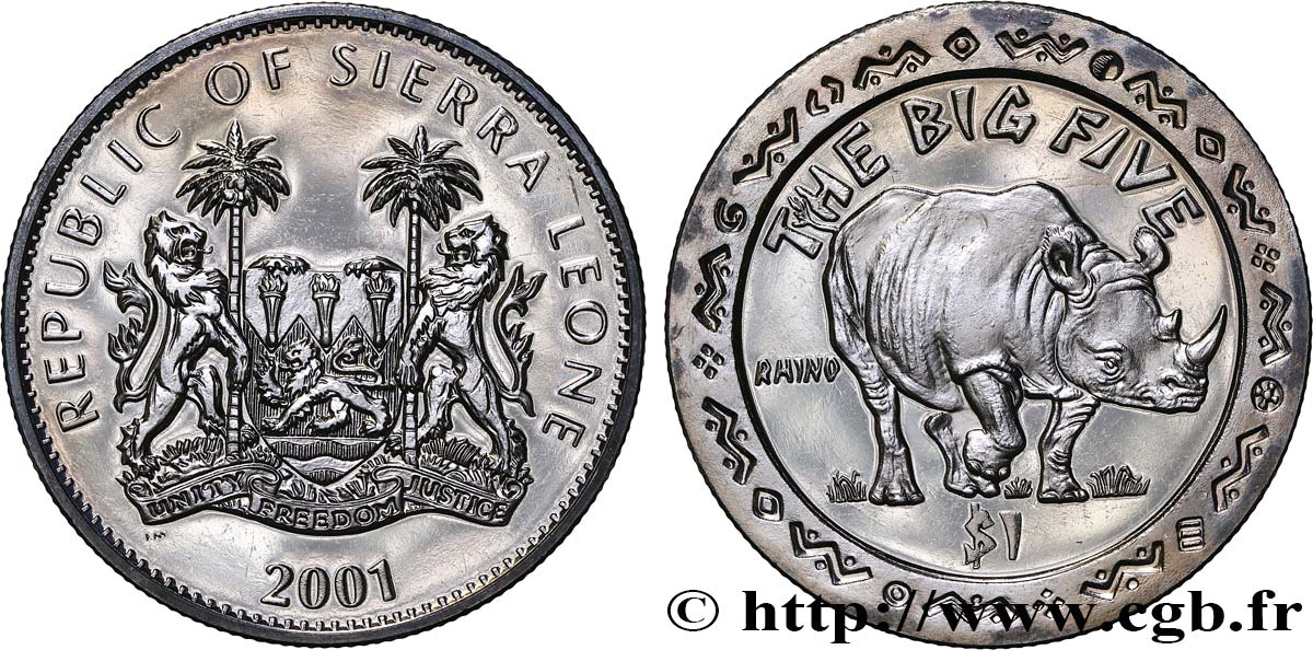 SIERRA LEONE 1 Dollar Proof Rhinocéros 2001 Pobjoy Mint fST 