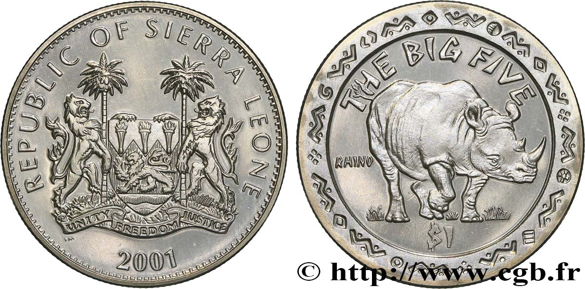 SIERRA LEONE 1 Dollar Proof Rhinocéros 2001 Pobjoy Mint MS 