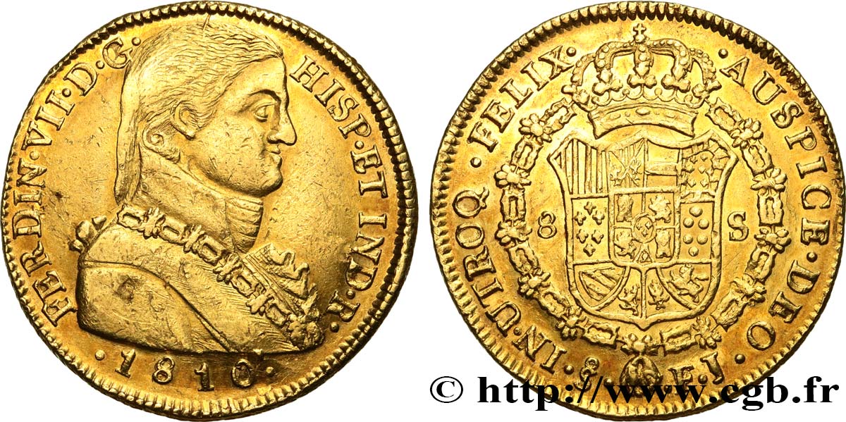 CHILE - FERDINAND VII 8 Escudos 1810 Santiago XF/AU 