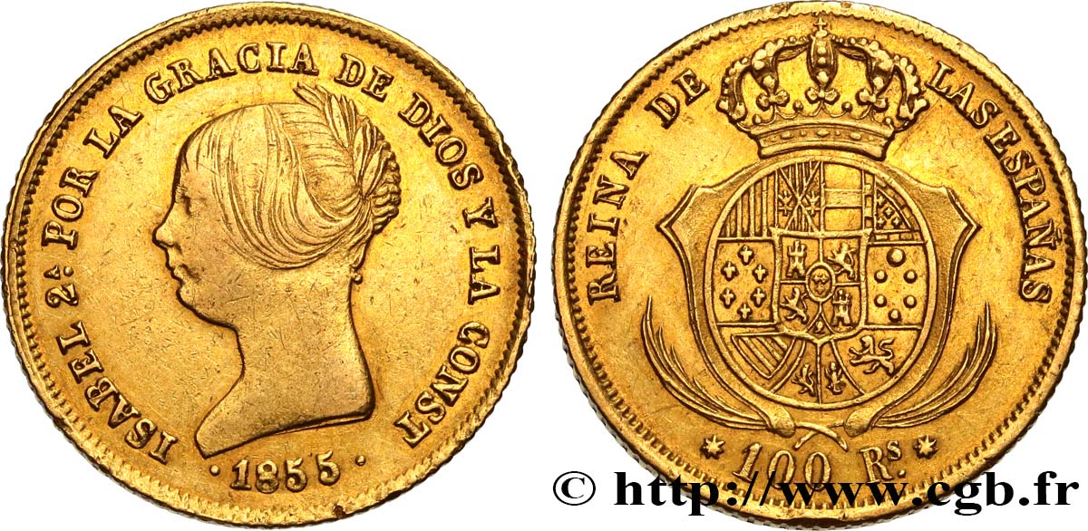 ESPAGNE - ROYAUME D ESPAGNE - ISABELLE II 100 Reales 1855 Séville BB/q.SPL 