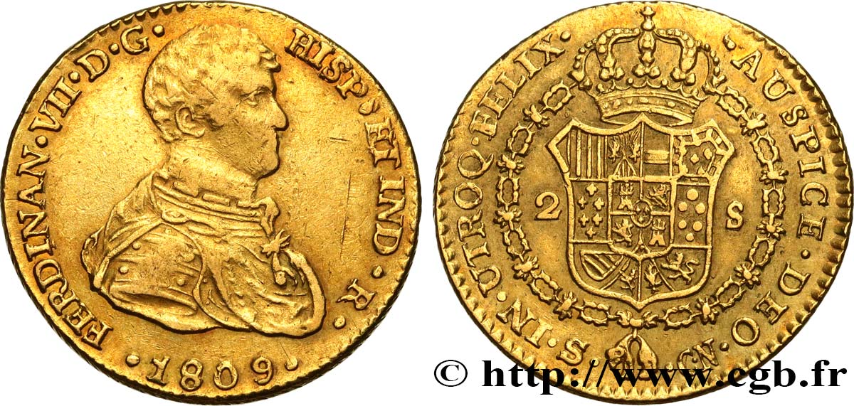 SPAIN - KINGDOM OF SPAIN - FERDINAND VII 2 Escudos 1809 Séville XF 