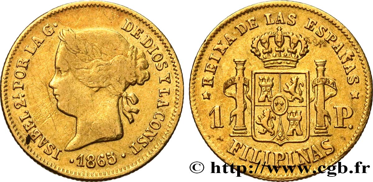 PHILIPPINES 1 Peso Isabelle II 1865  VF 